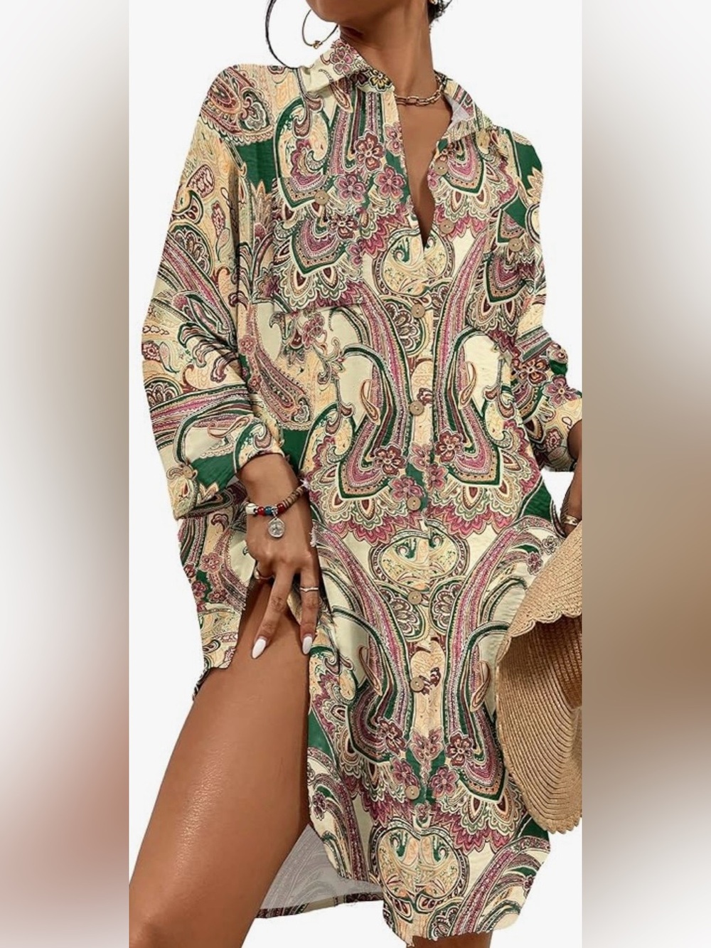 Paisley Shirt Dress/Coverup in Green and Pink